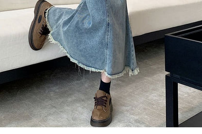 High Waist Washed Fray Midi Mermaid Denim Skirt