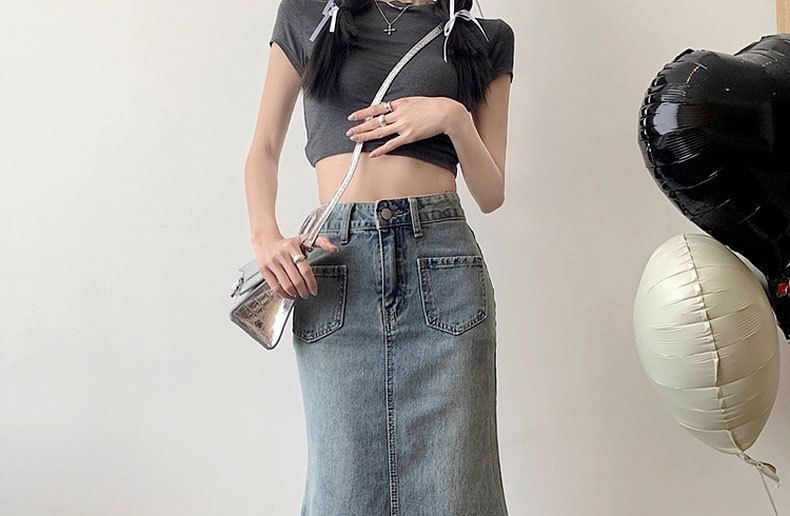 High Waist Washed Fray Midi Mermaid Denim Skirt