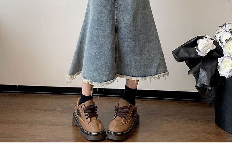High Waist Washed Fray Midi Mermaid Denim Skirt