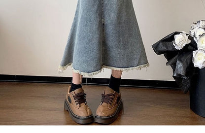 High Waist Washed Fray Midi Mermaid Denim Skirt