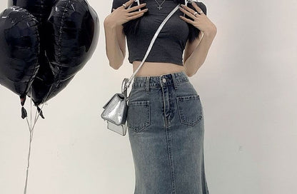 High Waist Washed Fray Midi Mermaid Denim Skirt