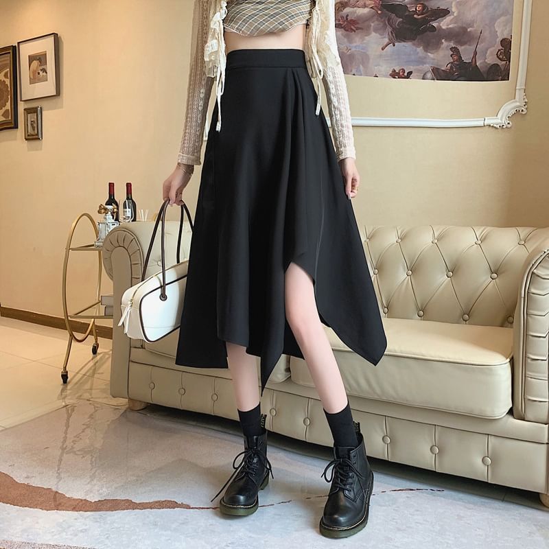 Elastic Waist Plain Asymmetrical Midi A-Line Skirt
