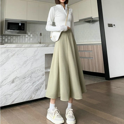 High Waist Plain Midi A-Line Skirt