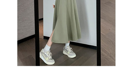 High Waist Plain Midi A-Line Skirt