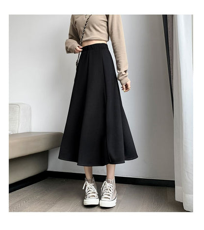 High Waist Plain Midi A-Line Skirt