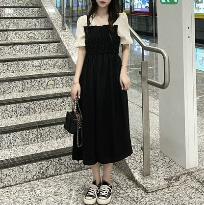 Puff Sleeve V-Neck Ruched Mock Two Piece Midi A-Line Dress