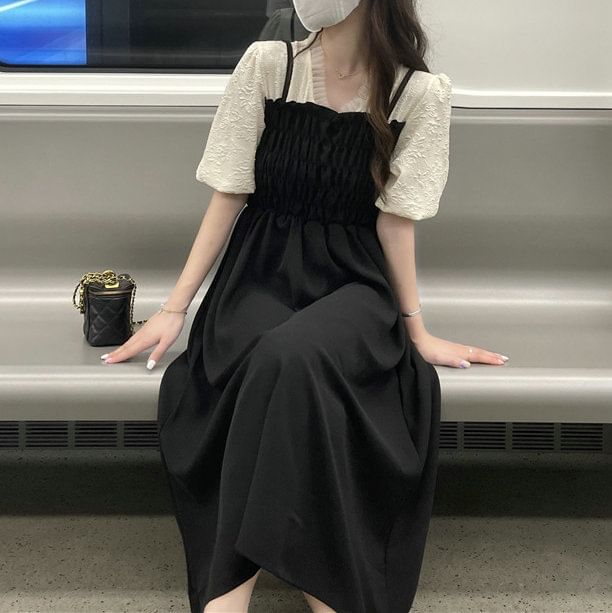 Puff Sleeve V-Neck Ruched Mock Two Piece Midi A-Line Dress