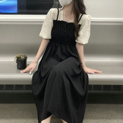 Puff Sleeve V-Neck Ruched Mock Two Piece Midi A-Line Dress