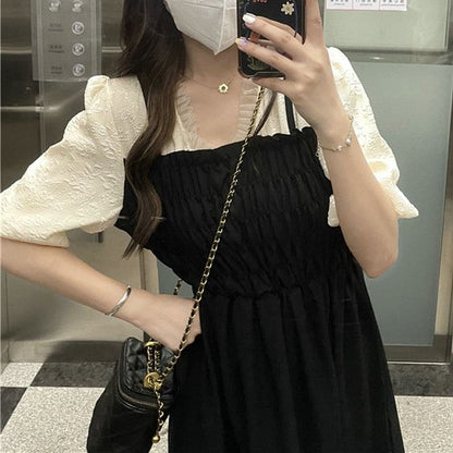 Puff Sleeve V-Neck Ruched Mock Two Piece Midi A-Line Dress