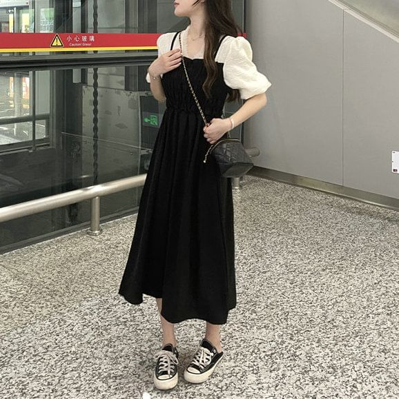 Puff Sleeve V-Neck Ruched Mock Two Piece Midi A-Line Dress