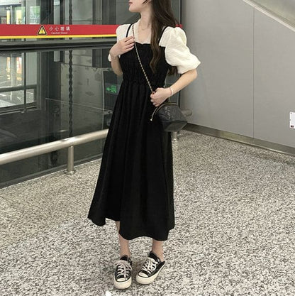 Puff Sleeve V-Neck Ruched Mock Two Piece Midi A-Line Dress