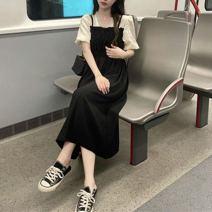 Puff Sleeve V-Neck Ruched Mock Two Piece Midi A-Line Dress