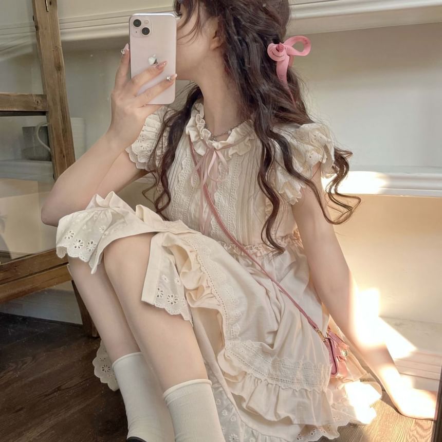 Cap Sleeve Round Neck Bow Embroidered Ruffle Mini A-Line Dress