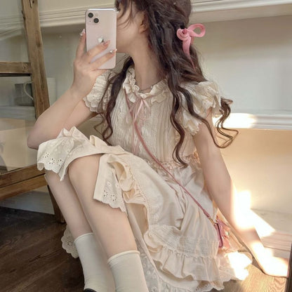 Cap Sleeve Round Neck Bow Embroidered Ruffle Mini A-Line Dress