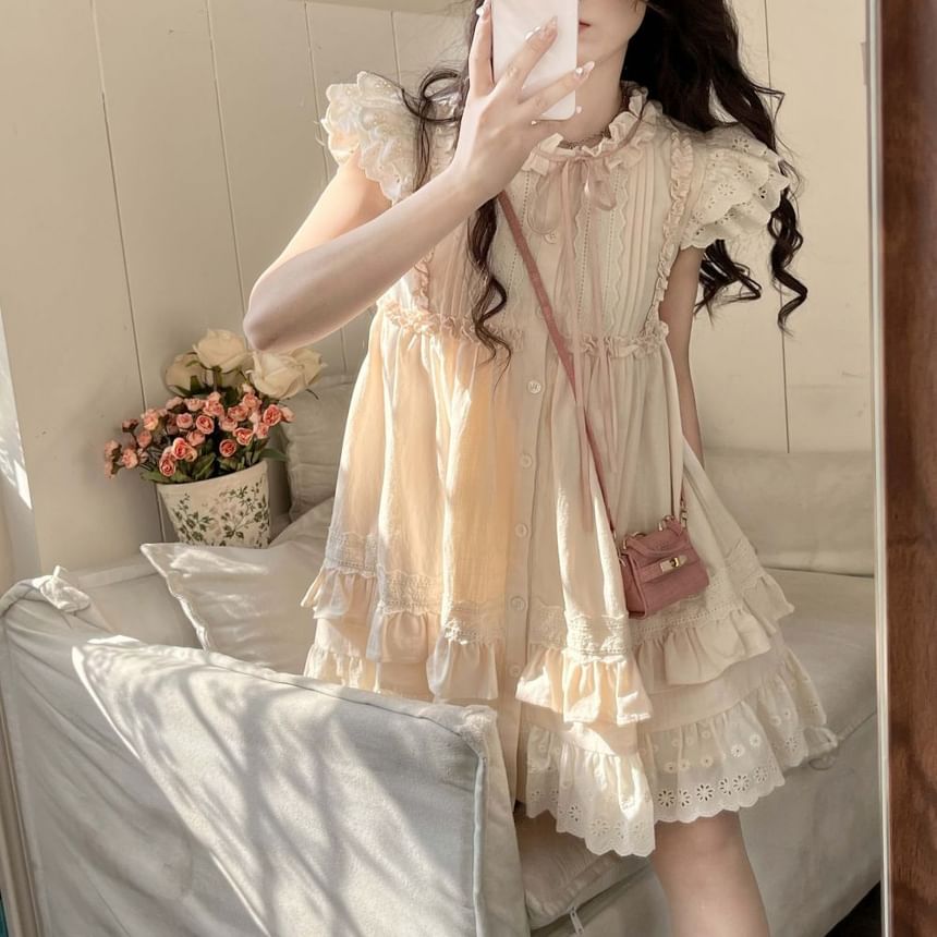 Cap Sleeve Round Neck Bow Embroidered Ruffle Mini A-Line Dress