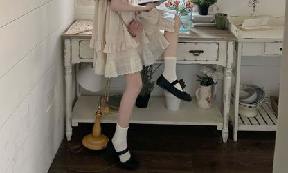 Cap Sleeve Round Neck Bow Embroidered Ruffle Mini A-Line Dress