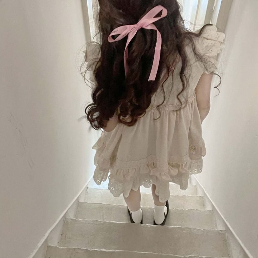 Cap Sleeve Round Neck Bow Embroidered Ruffle Mini A-Line Dress