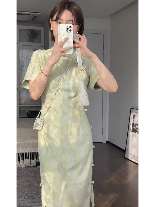 Short-Sleeve Band Collar Tie Dye Midi Qipao