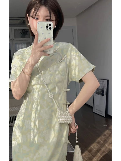 Short-Sleeve Band Collar Tie Dye Midi Qipao