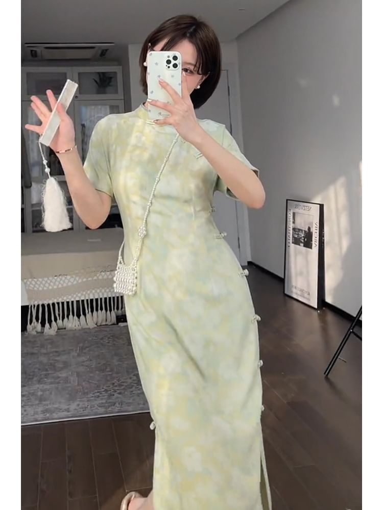 Short-Sleeve Band Collar Tie Dye Midi Qipao