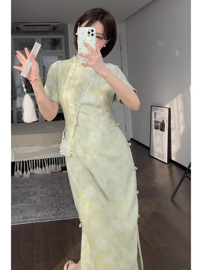 Short-Sleeve Band Collar Tie Dye Midi Qipao