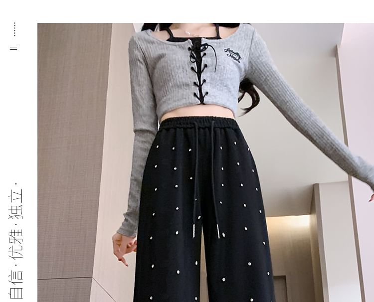 High Waist Rhinestone Wide Leg Pants