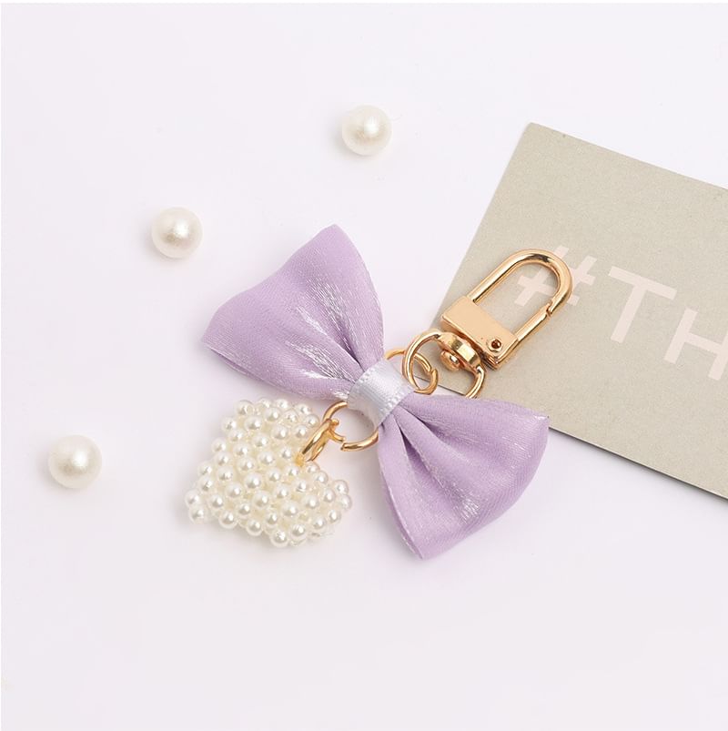 Bow Fabric Heart Faux Pearl Bag Charm Keyring (Various Designs)