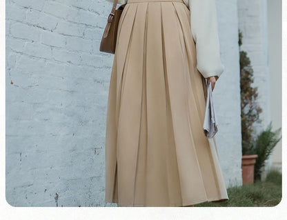 Long-Sleeve Plain Crop Top / Striped Shirt / High Waist Maxi A-Line Pleated Skirt / Set