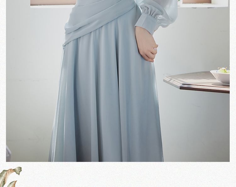 Long-Sleeve Tie Neck Plain Maxi A-Line Dress