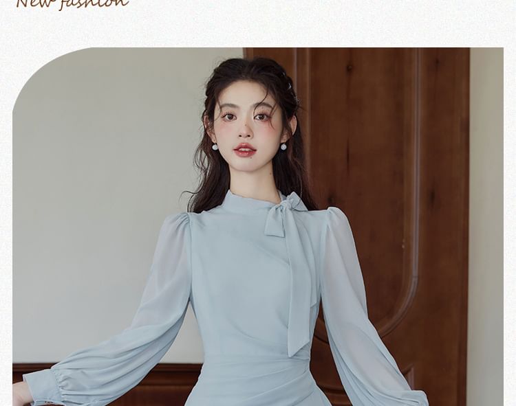 Long-Sleeve Tie Neck Plain Maxi A-Line Dress