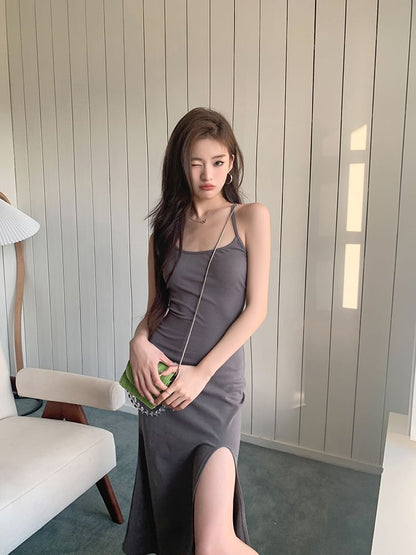 Spaghetti Scoop Neck Slit Strap Open Dress Plain Midi Back Mermaid