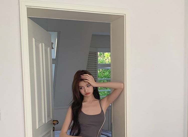 Spaghetti Scoop Neck Slit Strap Open Dress Plain Midi Back Mermaid