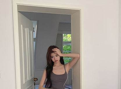 Spaghetti Scoop Neck Slit Strap Open Dress Plain Midi Back Mermaid