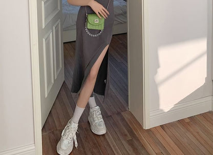 Spaghetti Scoop Neck Slit Strap Open Dress Plain Midi Back Mermaid