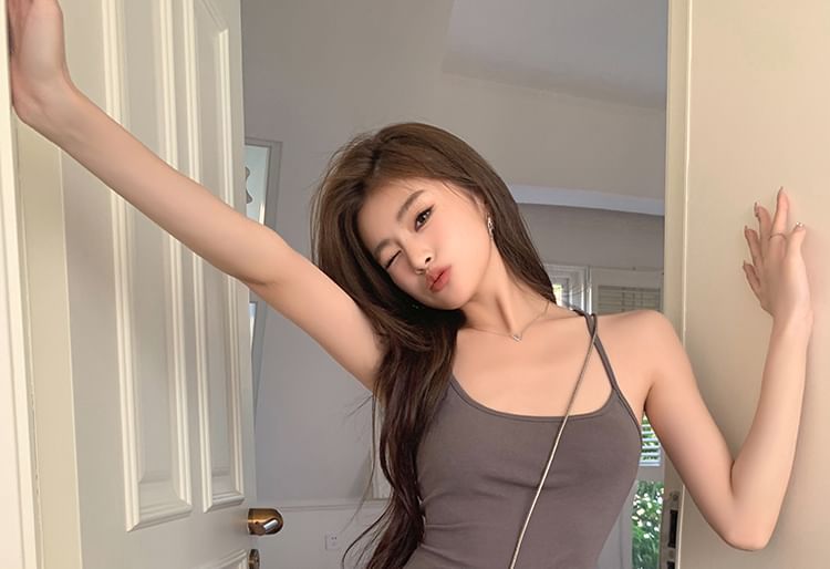 Spaghetti Scoop Neck Slit Strap Open Dress Plain Midi Back Mermaid