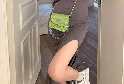 Spaghetti Scoop Neck Slit Strap Open Dress Plain Midi Back Mermaid