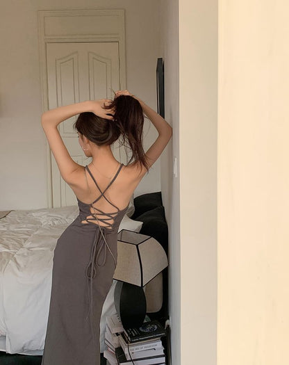 Spaghetti Scoop Neck Slit Strap Open Dress Plain Midi Back Mermaid