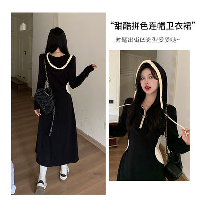 Long-Sleeve Hooded Plain Contrast Trim Midi A-Line Dress