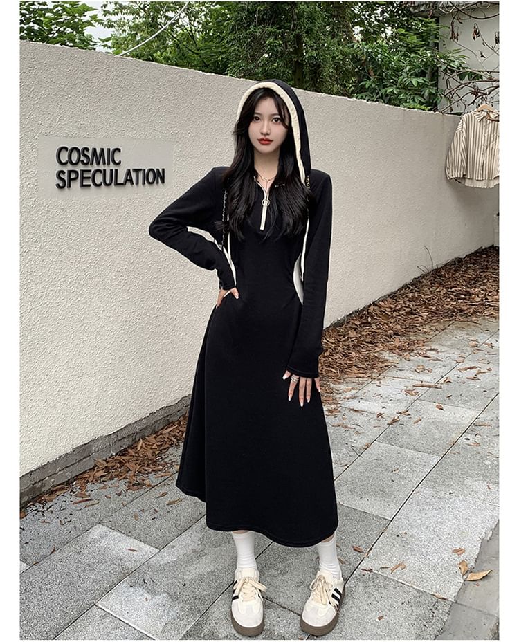 Long-Sleeve Hooded Plain Contrast Trim Midi A-Line Dress