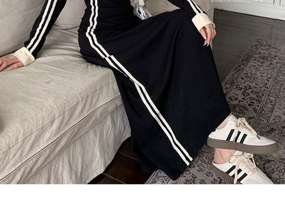 Long-Sleeve V-Neck Striped Maxi A-Line Dress