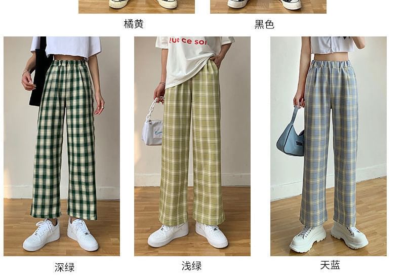 Elastic Waist Plaid Wide Leg Pants