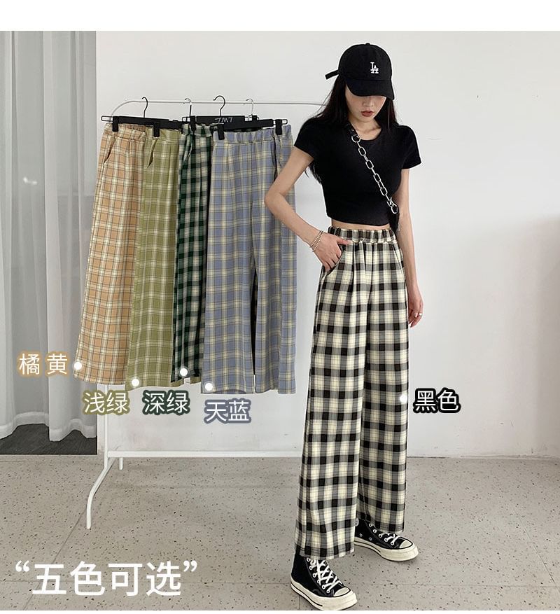 Elastic Waist Plaid Wide Leg Pants