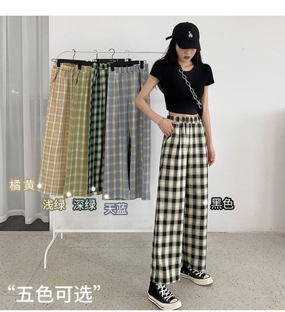 Elastic Waist Plaid Wide Leg Pants