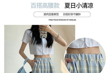 Elastic Waist Plaid Wide Leg Pants