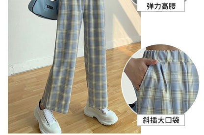 Elastic Waist Plaid Wide Leg Pants