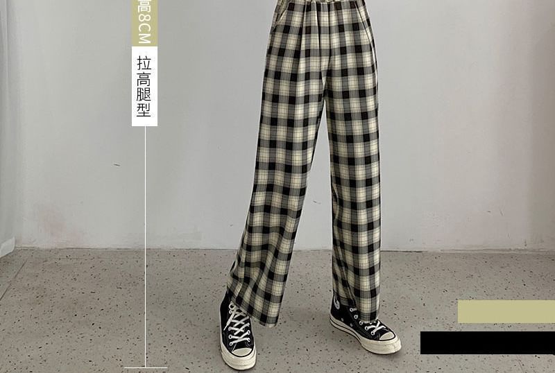 Elastic Waist Plaid Wide Leg Pants
