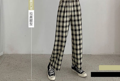 Elastic Waist Plaid Wide Leg Pants