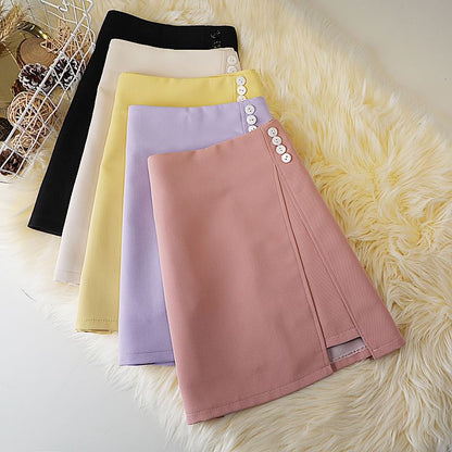 High Waist Plain Button Panel Mini A-Line Skirt