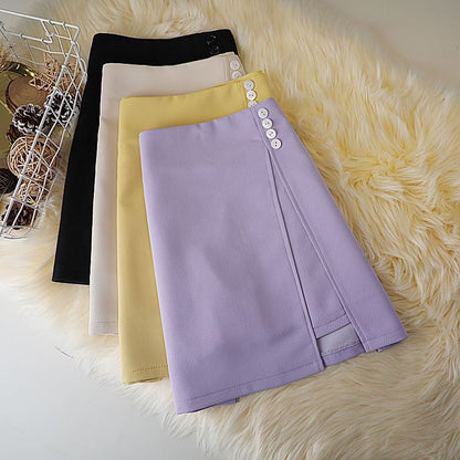 High Waist Plain Button Panel Mini A-Line Skirt