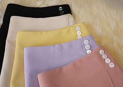 High Waist Plain Button Panel Mini A-Line Skirt